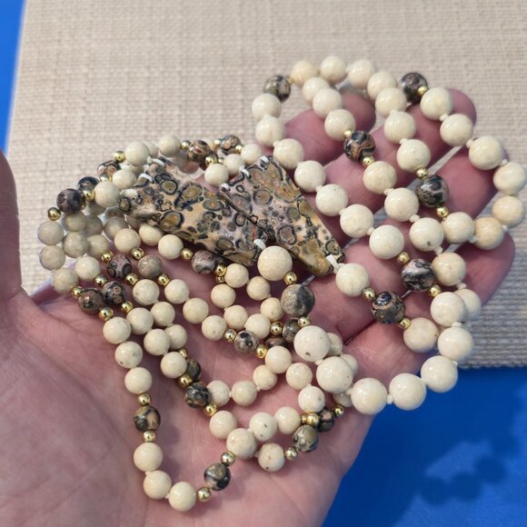 Leopard Skin Jasper Stone Multi-Strand Bib 16 Inch Slip On Necklace B1040 - Picture 5 of 8